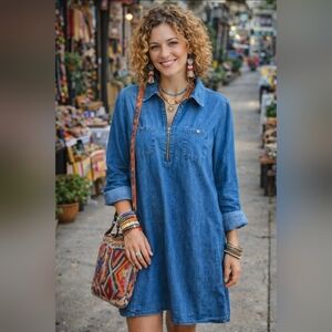 Anne Klein Indigo Chambray Look Shirt Dress Size 14 Half Zip Roll Tab Sleeves